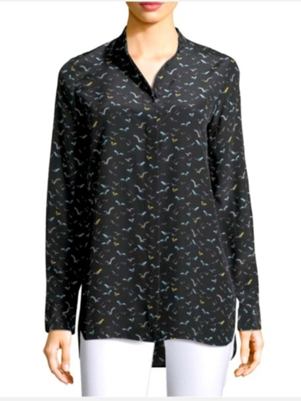 Lafeyette 148 Pure Silk Bird Pattern Brayden Blsck Relaxed Button Blouse Small